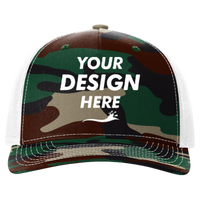 Richardson Printed Five-Panel Trucker Cap, Green Camo / White, Front view, Mockup