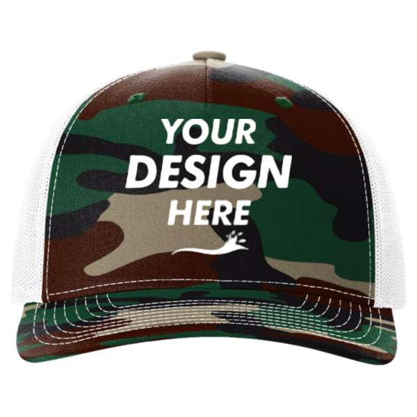 Richardson Printed Five-Panel Trucker Cap, Green Camo / White, Front view, Mockup