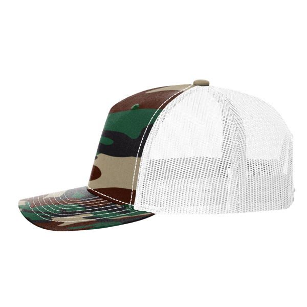 Richardson Printed Five-Panel Trucker Cap, Green Camo / White, Left Side view