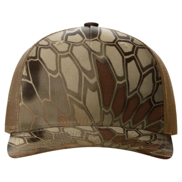Richardson Printed Five-Panel Trucker Cap, Kryptek Highlander / Buck, Front view