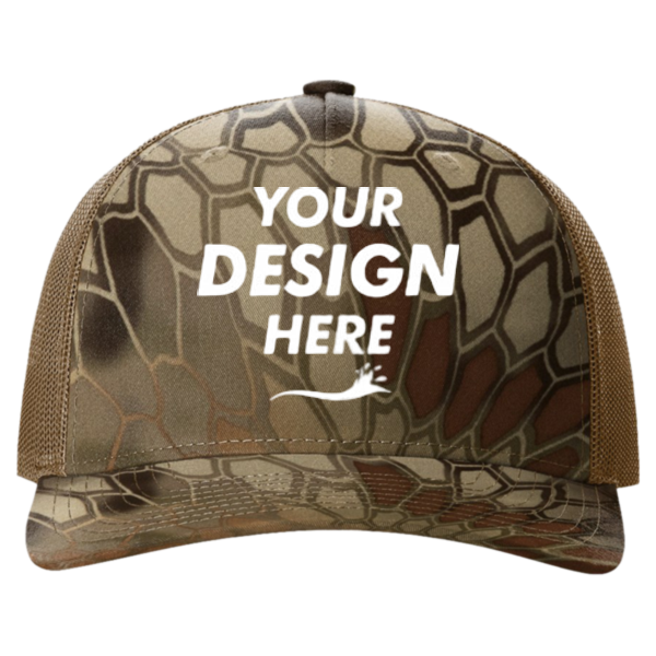Richardson Printed Five-Panel Trucker Cap, Kryptek Highlander / Buck, Front view, Mockup