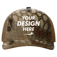 Richardson Printed Five-Panel Trucker Cap, Kryptek Highlander / Buck, Front view, Mockup