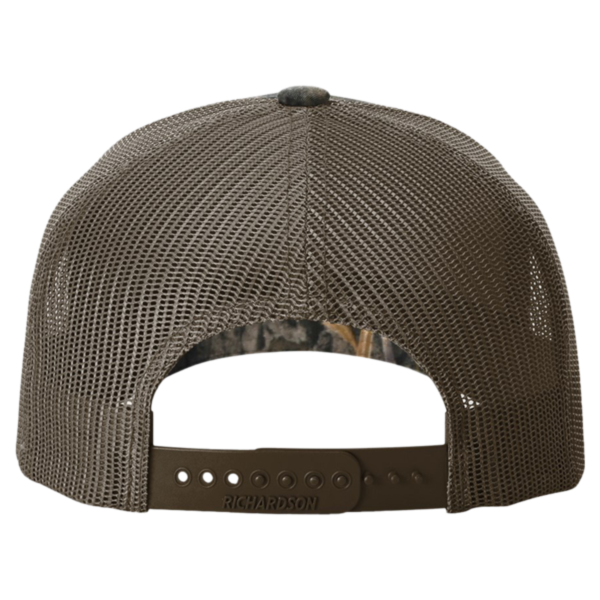 Richardson Printed Five-Panel Trucker Cap, Mossy Oak Habitat / Brown, Back view