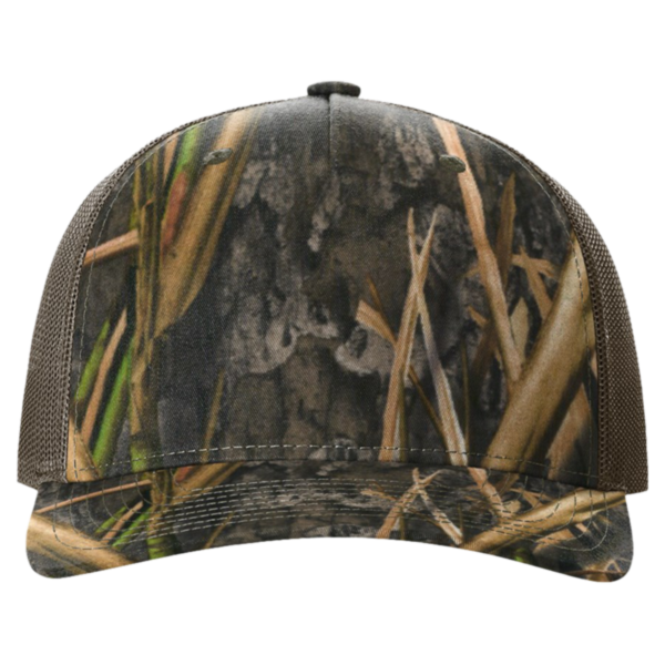 Richardson Printed Five-Panel Trucker Cap, Mossy Oak Habitat / Brown, Front view
