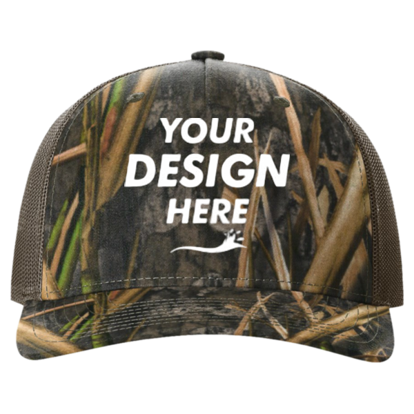 Richardson Printed Five-Panel Trucker Cap, Mossy Oak Habitat / Brown, Front view, Mockup