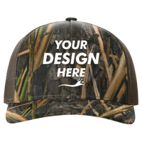 Richardson Printed Five-Panel Trucker Cap, Mossy Oak Habitat / Brown, Front view, Mockup