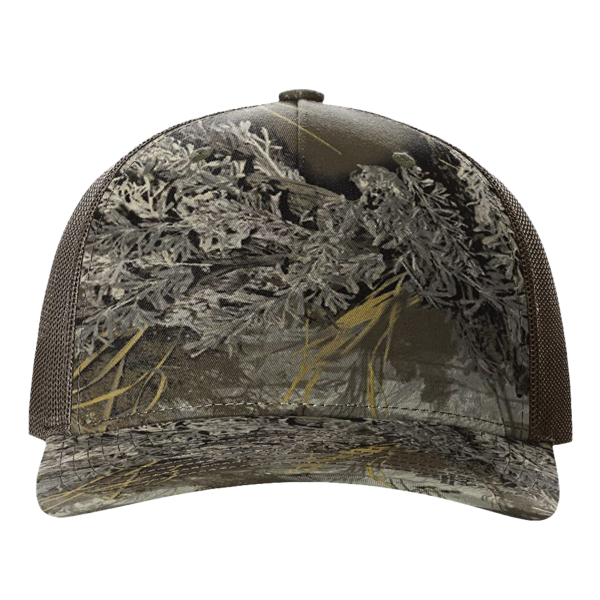 Richardson Printed Five-Panel Trucker Cap, Realtree Max-1 / Brown, Front view