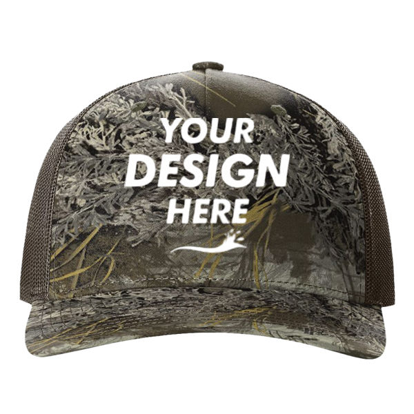 Richardson Printed Five-Panel Trucker Cap, Realtree Max-1 / Brown, Front view, Mockup