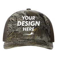 Richardson Printed Five-Panel Trucker Cap, Realtree Max-1 / Brown, Front view, Mockup