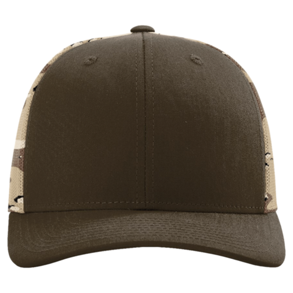 Richardson Printed Mesh Trucker Cap, Brown / Desert Camo, Front view