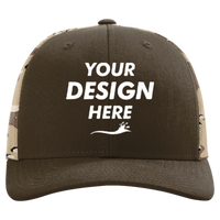Richardson Printed Mesh Trucker Cap, Brown / Desert Camo, Front view, Mockup
