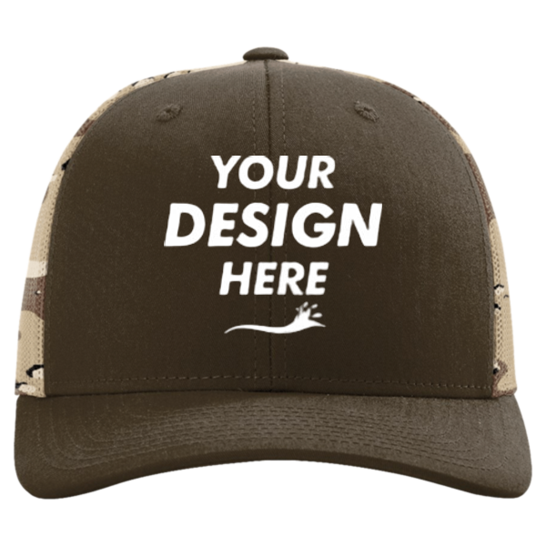 Richardson Printed Mesh Trucker Cap, Brown / Desert Camo, Front view, Mockup