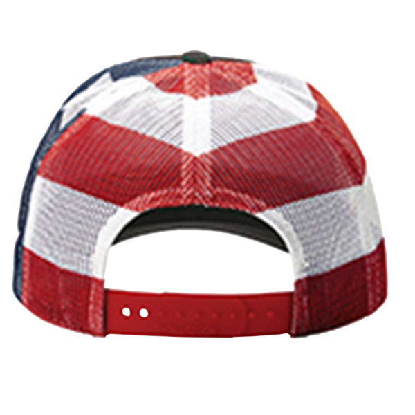 Richardson Printed Mesh Trucker Cap, Green Camo / Stars & Stripes, Back view