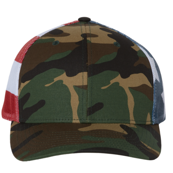 Richardson Printed Mesh Trucker Cap, Green Camo / Stars & Stripes, Front view