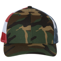 Richardson Printed Mesh Trucker Cap, Green Camo / Stars & Stripes, Front view