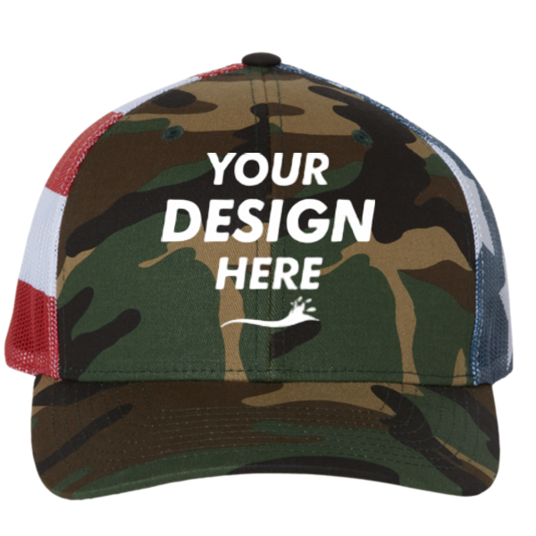 Richardson Printed Mesh Trucker Cap, Green Camo / Stars & Stripes, Front view, Mockup