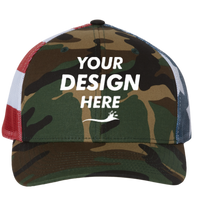 Richardson Printed Mesh Trucker Cap, Green Camo / Stars & Stripes, Front view, Mockup