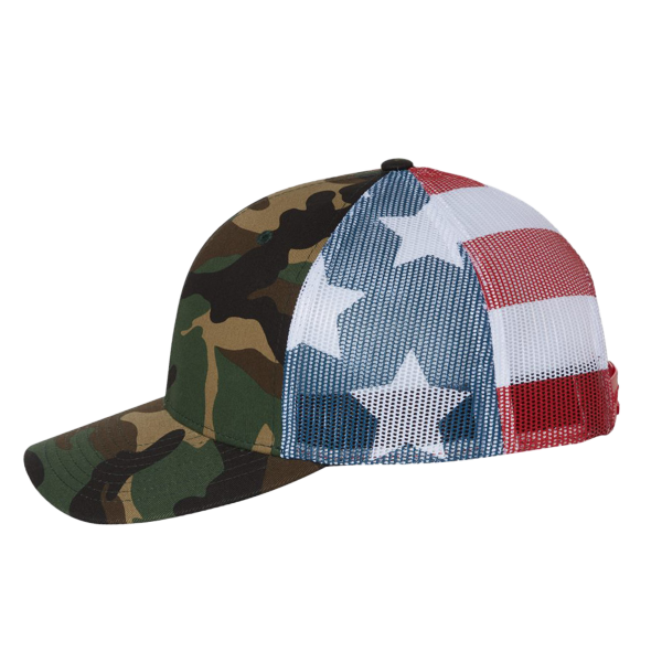 Richardson Printed Mesh Trucker Cap, Green Camo / Stars & Stripes, Left Side view