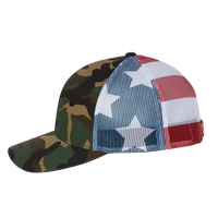 Richardson Printed Mesh Trucker Cap, Green Camo / Stars & Stripes, Left Side view