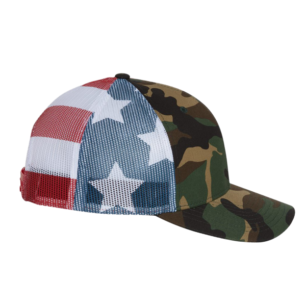 Richardson Printed Mesh Trucker Cap, Green Camo / Stars & Stripes, Right Side view