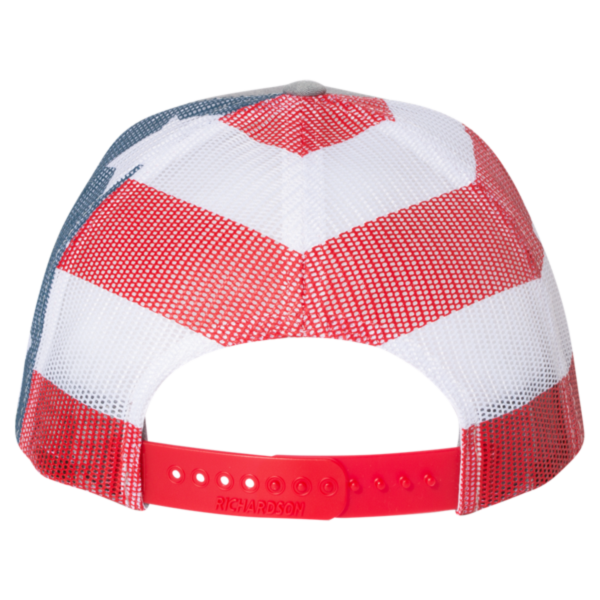 Richardson Printed Mesh Trucker Cap, Heather Grey / Stars & Stripes, Back view