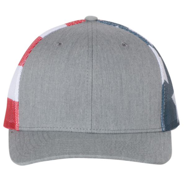 Richardson Printed Mesh Trucker Cap, Heather Grey / Stars & Stripes, Front view