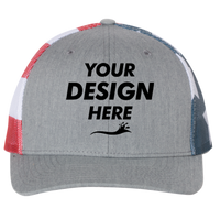 Richardson Printed Mesh Trucker Cap, Heather Grey / Stars & Stripes, Front view, Mockup