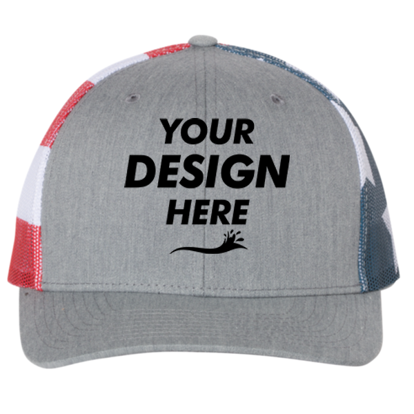 Richardson Printed Mesh Trucker Cap, Heather Grey / Stars & Stripes, Front view, Mockup