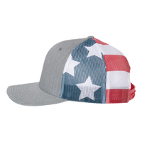 Richardson Printed Mesh Trucker Cap, Heather Grey / Stars & Stripes, Left Side view