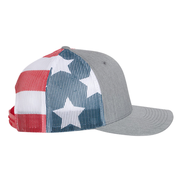 Richardson Printed Mesh Trucker Cap, Heather Grey / Stars & Stripes, Right Side view