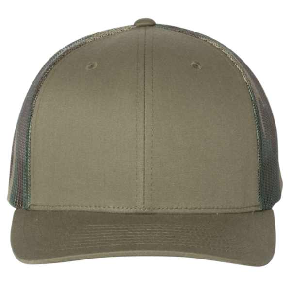 Richardson Printed Mesh Trucker Cap, Loden / Green Camo, Front view
