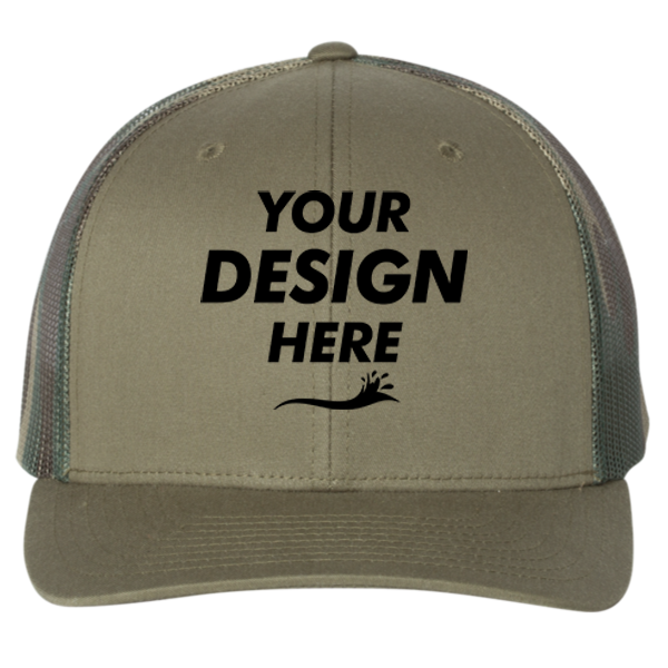Richardson Printed Mesh Trucker Cap, Loden / Green Camo, Front view, Mockup