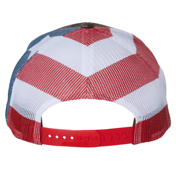 Richardson Printed Mesh Trucker Cap, Mossy Oak Break-Up Country / Stars & Stripes, Back view