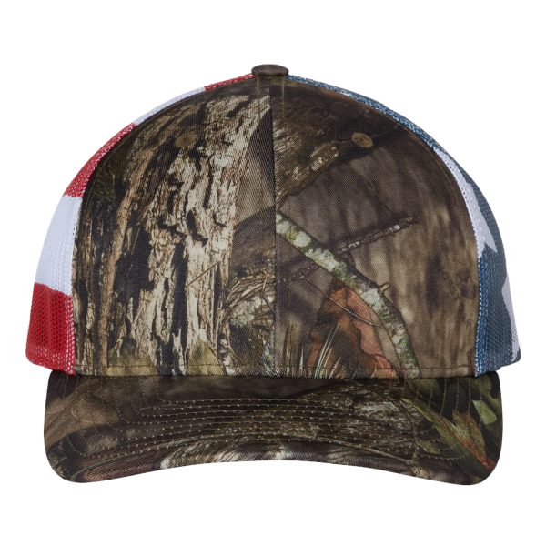 Richardson Printed Mesh Trucker Cap, Mossy Oak Break-Up Country / Stars & Stripes, Front view
