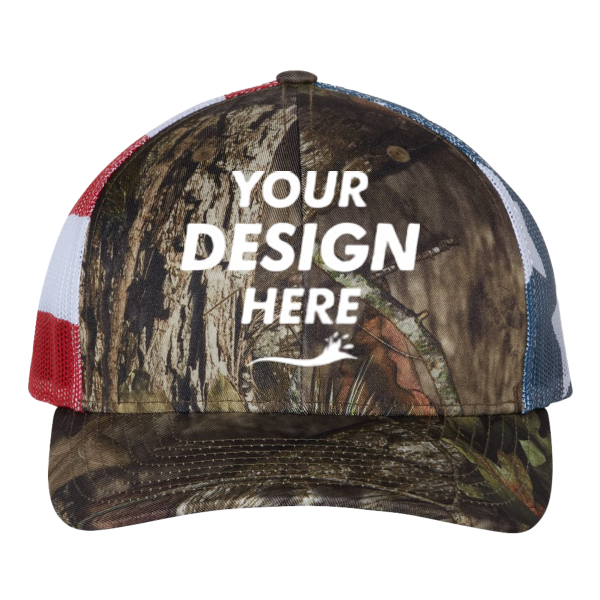 Richardson Printed Mesh Trucker Cap, Mossy Oak Break-Up Country / Stars & Stripes, Front view, Mockup