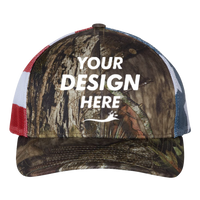 Richardson Printed Mesh Trucker Cap, Mossy Oak Break-Up Country / Stars & Stripes, Front view, Mockup