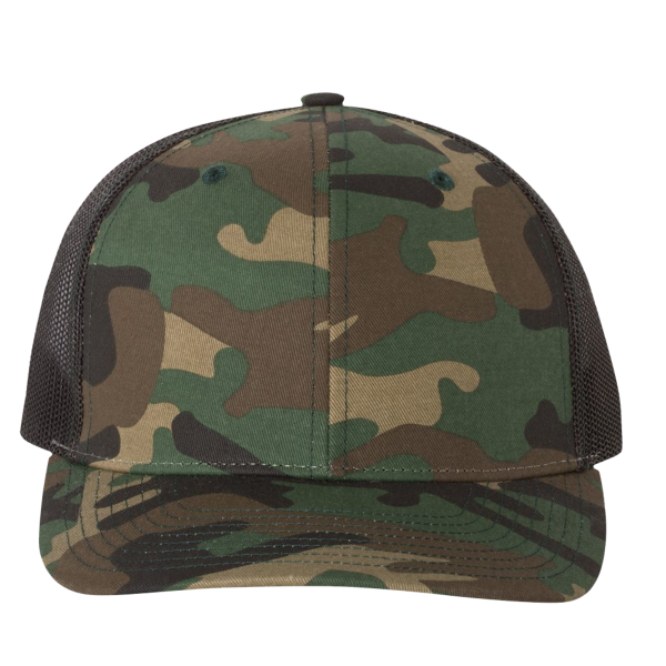 Richardson Printed Trucker Cap, Army Camo / Black / Black, Front view
