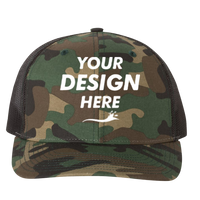 Richardson Printed Trucker Cap, Army Camo / Black / Black, Front view, Mockup