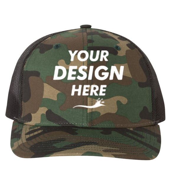 Richardson Printed Trucker Cap, Army Camo / Black / Black, Front view, Mockup