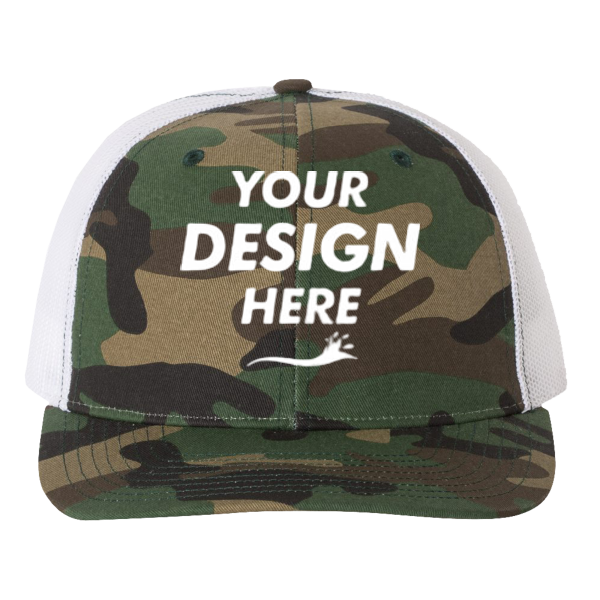 Richardson Printed Trucker Cap, Army Camo / White / White, Front view, Mockup