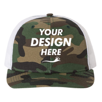 Richardson Printed Trucker Cap, Army Camo / White / White, Front view, Mockup