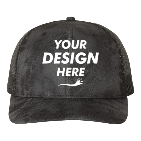 Richardson Printed Trucker Cap, Kryptek Typhon / Black / Black, Front view, Mockup