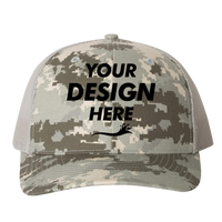Richardson Printed Trucker Cap, Military Digital Camo / Light Green / Light Green, Front view, Mockup