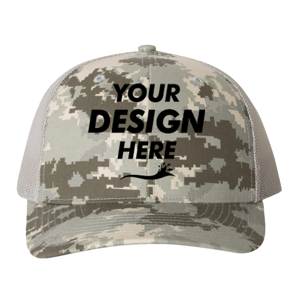 Richardson Printed Trucker Cap, Military Digital Camo / Light Green / Light Green, Front view, Mockup