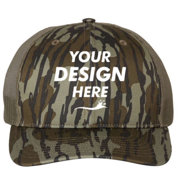 Richardson Printed Trucker Cap, Mossy Oak Bottomland / Loden / Loden, Front view, Mockup