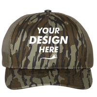 Richardson Printed Trucker Cap, Mossy Oak Bottomland / Loden / Loden, Front view, Mockup