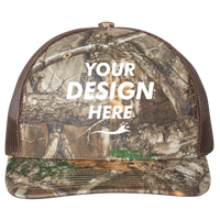 Richardson Printed Trucker Cap, Realtree Edge / Brown / Brown, Front view, Mockup