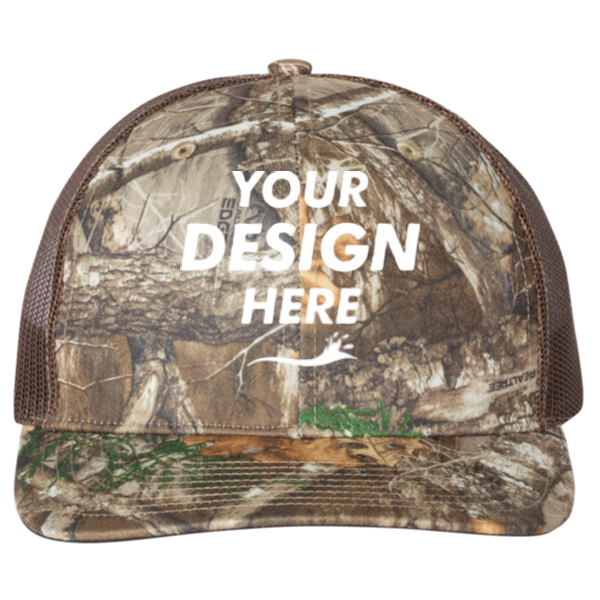 Richardson Printed Trucker Cap, Realtree Edge / Brown / Brown, Front view, Mockup