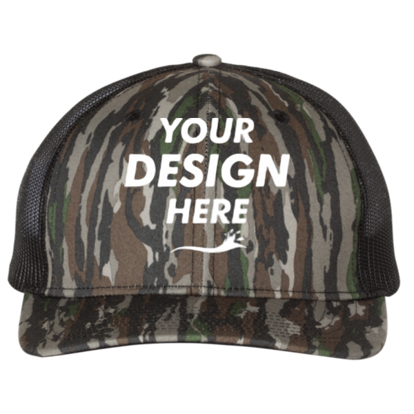 Richardson Printed Trucker Cap, Realtree Original / Black / Black, Front view, Mockup