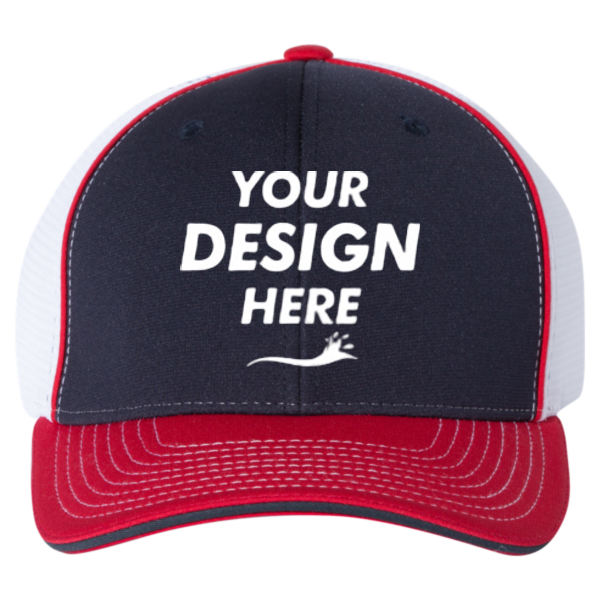 Richardson Pulse Sportmesh R-Flex Cap, Navy / White / Red Tri, Front view, Mockup